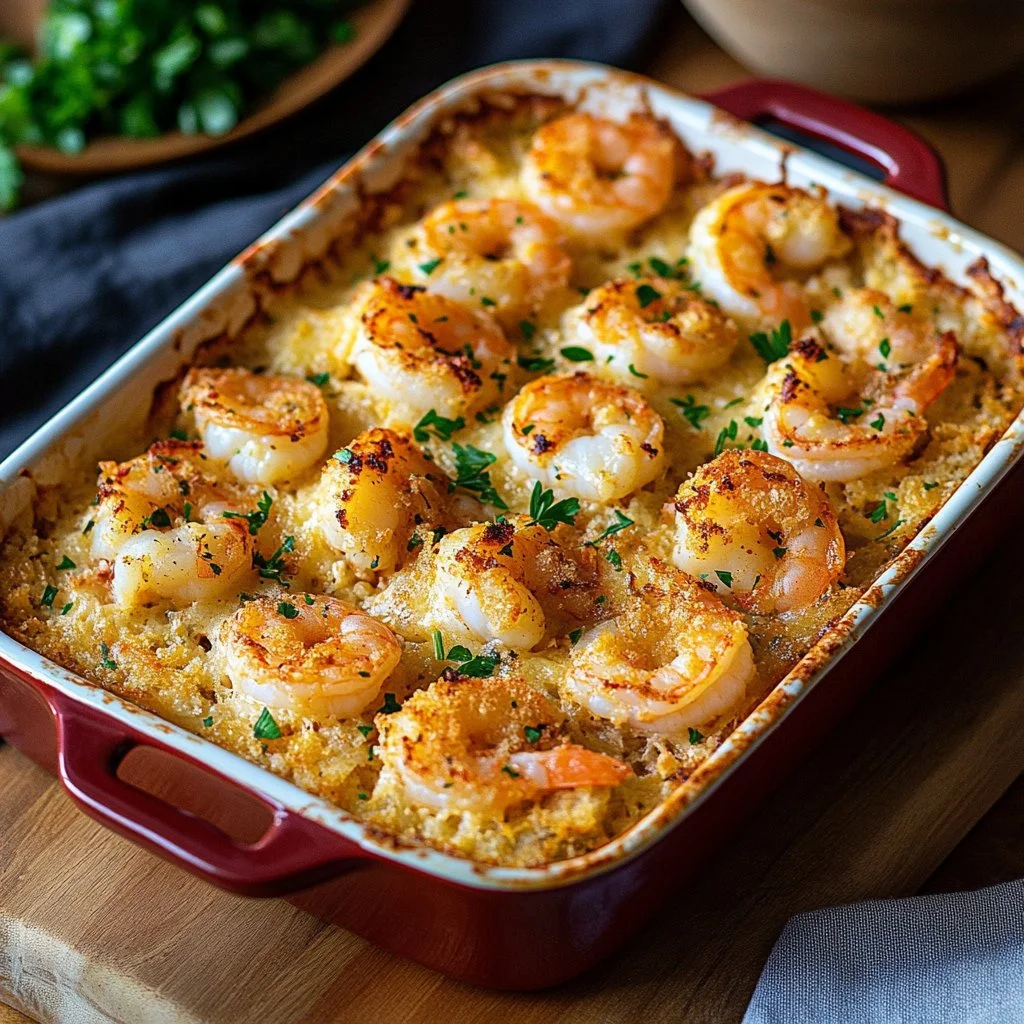 Baked Stuffed Shrimp Casserole topped with breadcrumbs and herbs
