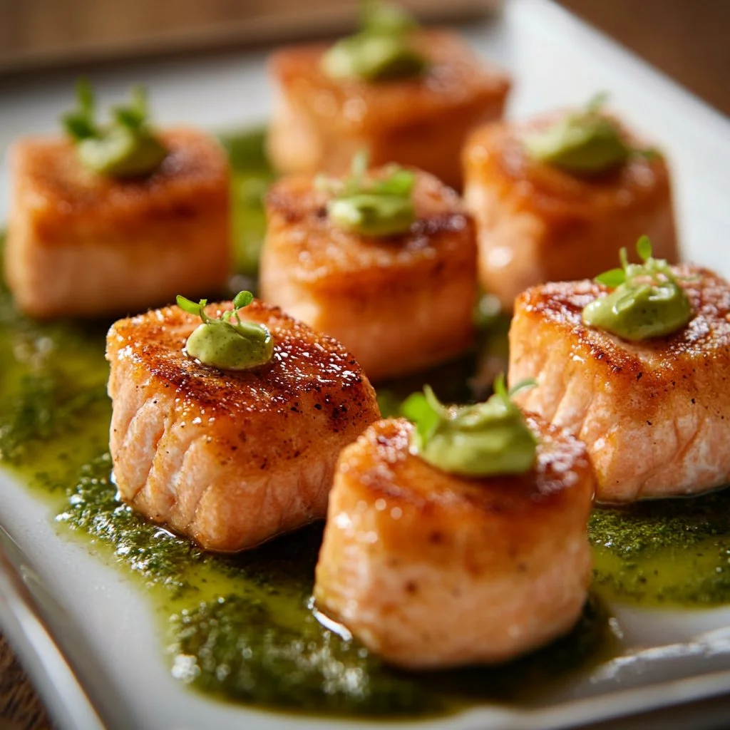 Bang Bang Salmon Bites served in a bowl with dipping sauce and garnish.