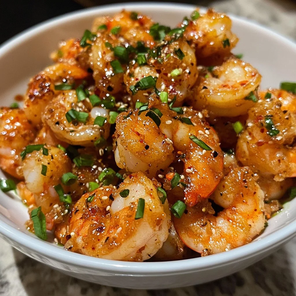 Plate of crispy Bang Bang Shrimp drizzled with creamy spicy sauce and garnished.