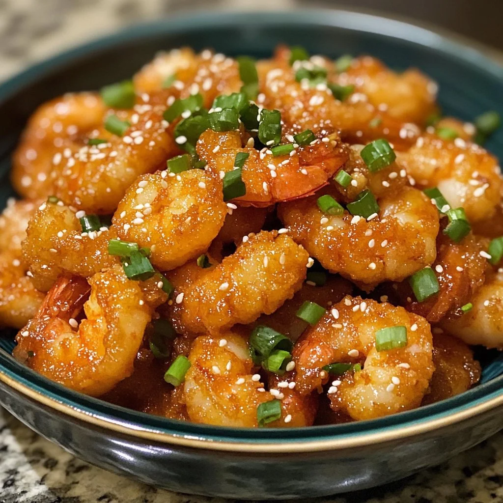 Plate of crispy Bang Bang Shrimp garnished with green onions and sesame seeds