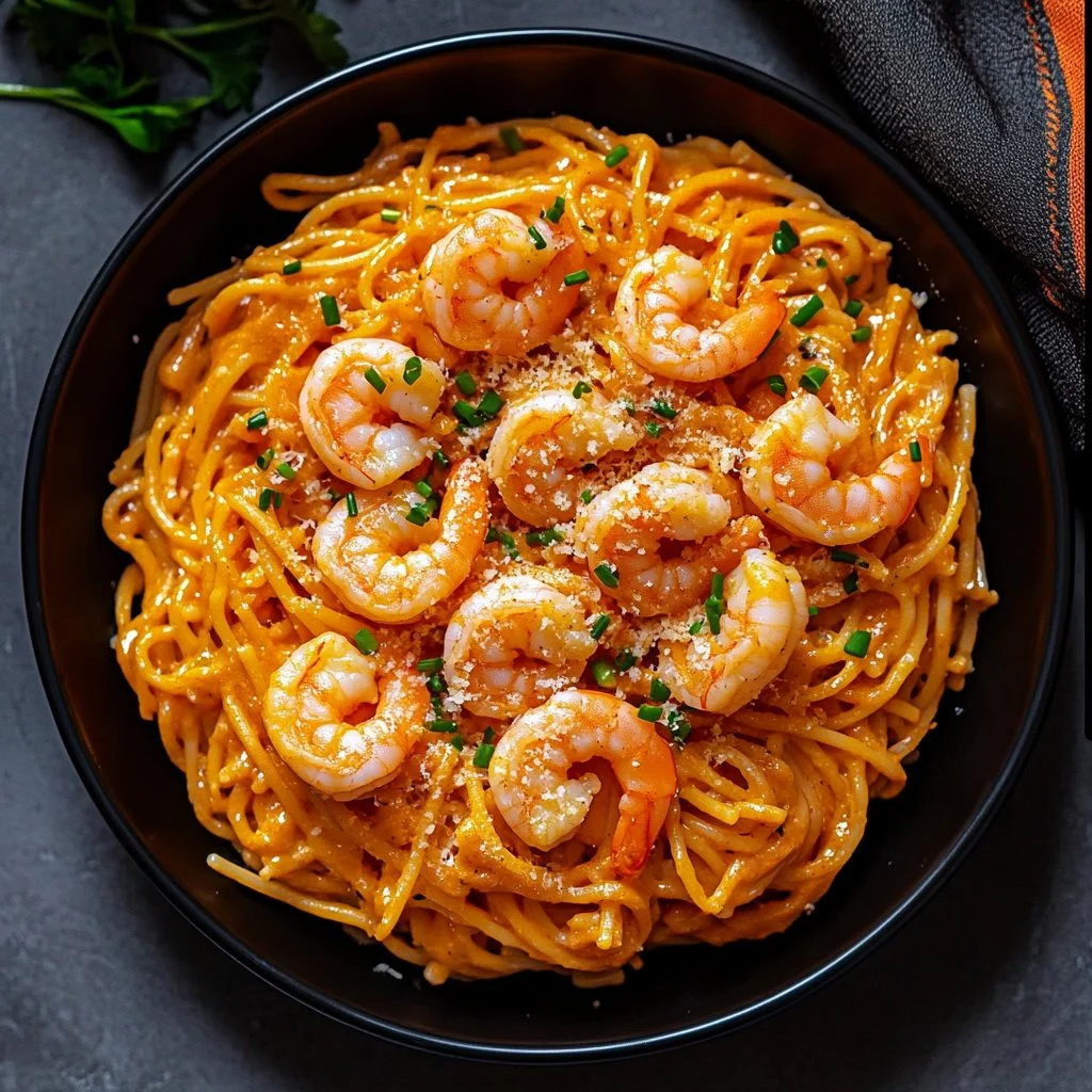 Plate of Bang Bang Shrimp Pasta garnished with herbs and spices