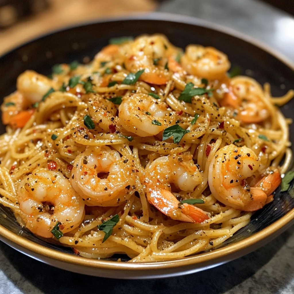 Delicious plate of Bang Bang Shrimp Pasta topped with herbs and spices