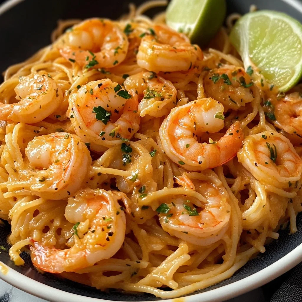 A creamy and spicy Bang Bang Shrimp Pasta served in a white bowl with fresh herbs.