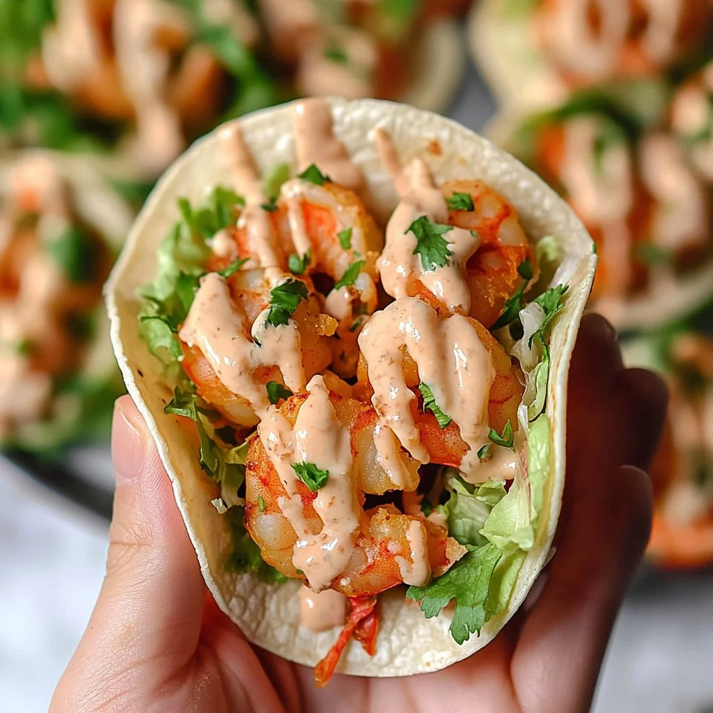 Bang Bang Shrimp Tacos topped with creamy sauce and fresh ingredients