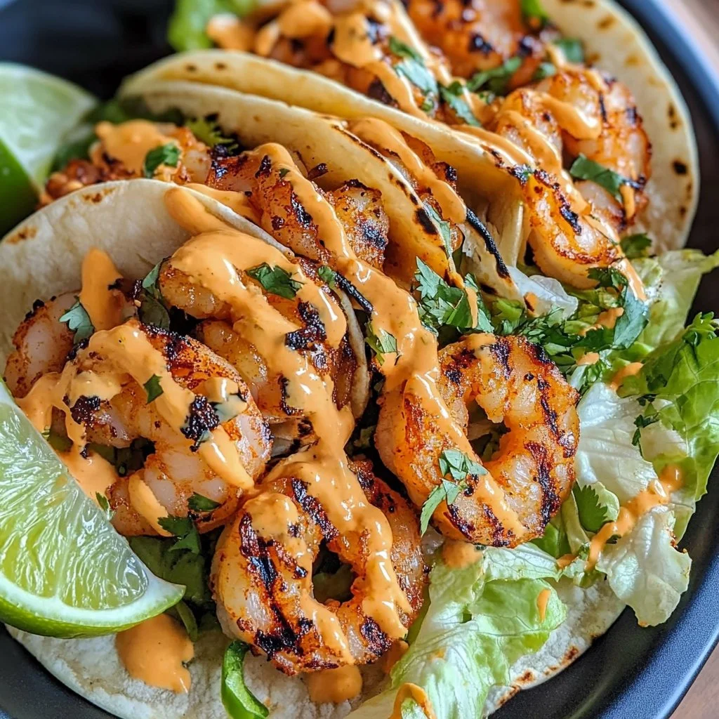 Bang Bang Shrimp Tacos topped with fresh ingredients and spicy sauce