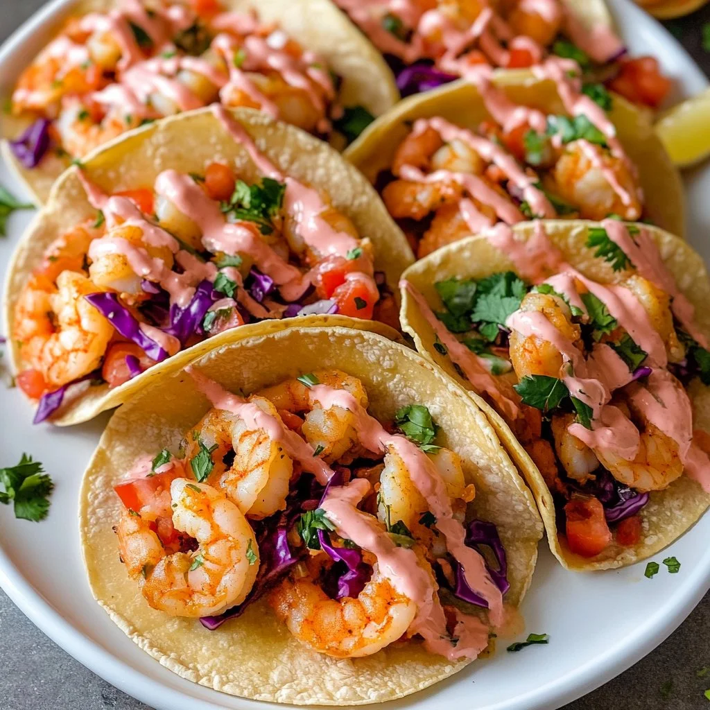 Plate of Bang Bang Shrimp Tacos with fresh toppings and sauce