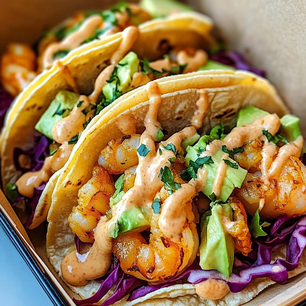 Bang Bang Shrimp Tacos topped with creamy sauce and fresh ingredients