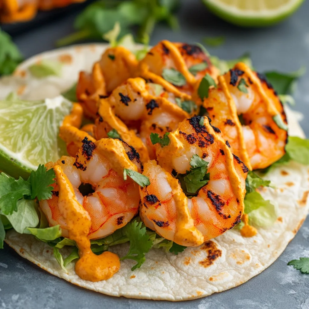 Delicious Bang Bang Shrimp Tacos topped with fresh ingredients and sauce