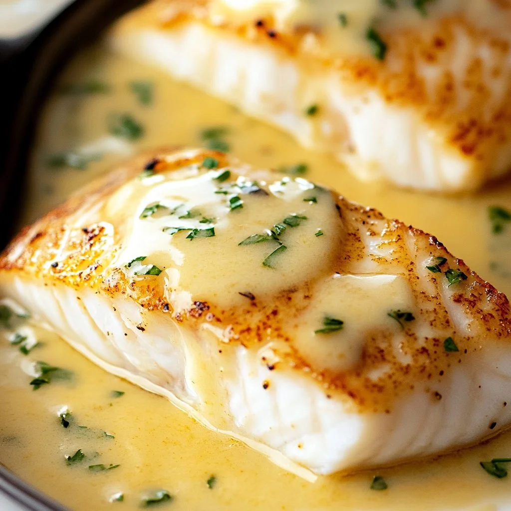 Plated halibut with Buerre Blanc sauce garnished with herbs.