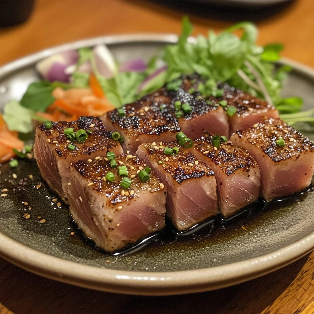 Delicious blackened Ahi Tuna fillet served on a plate