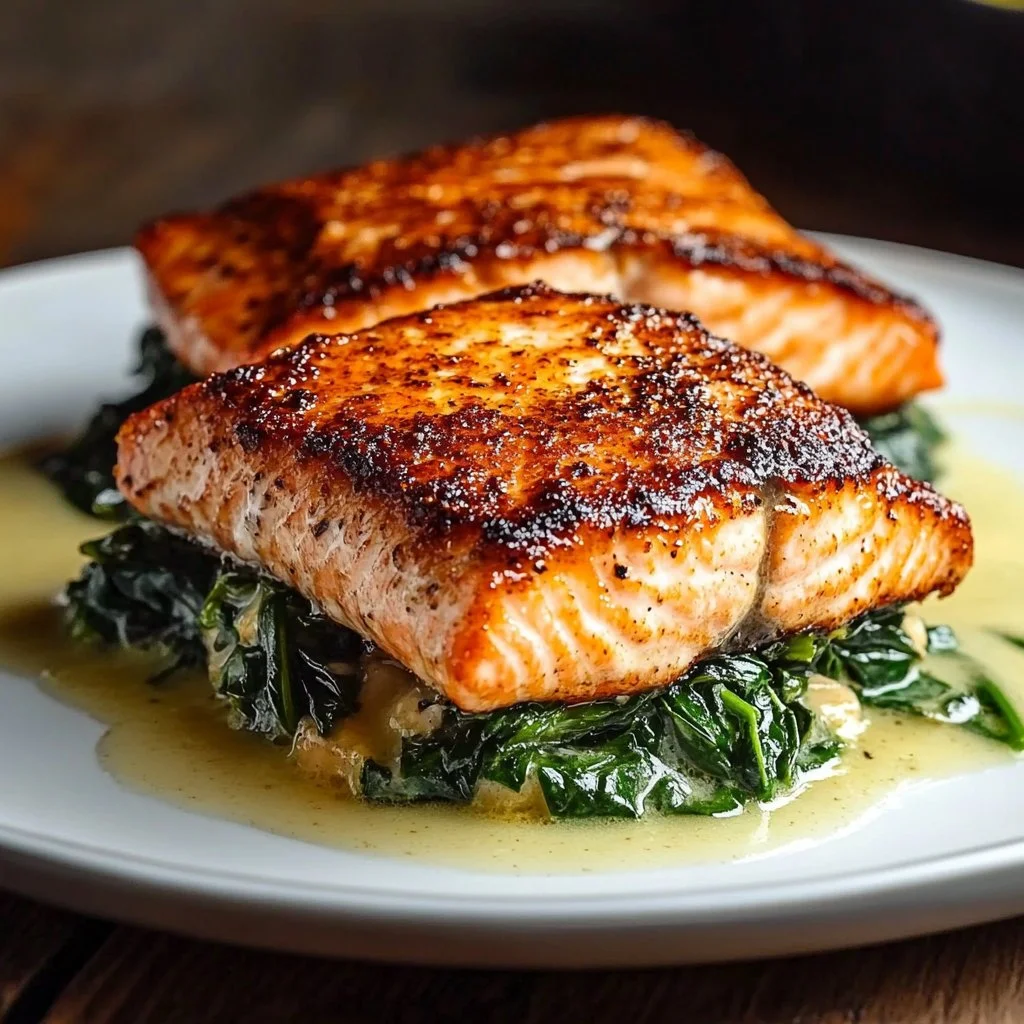 Blackened salmon stuffed with spinach and Parmesan on a plate.