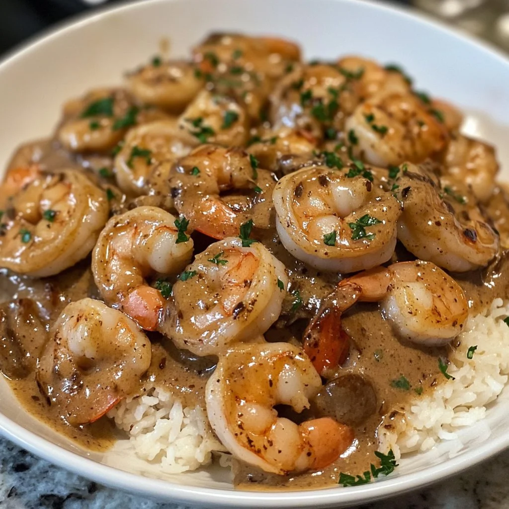 Delicious blackened shrimp stroganoff served in a creamy sauce over noodles
