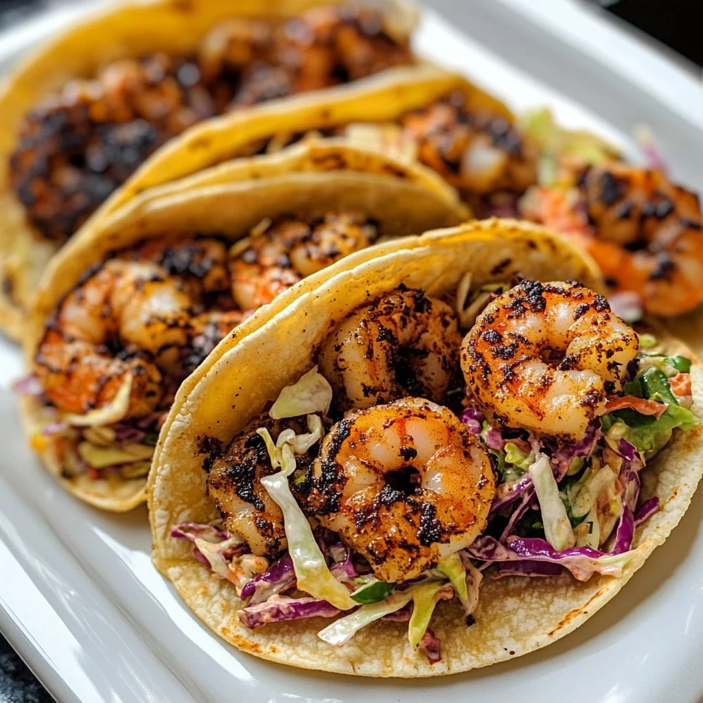 Blackened shrimp tacos topped with slaw on a wooden plate
