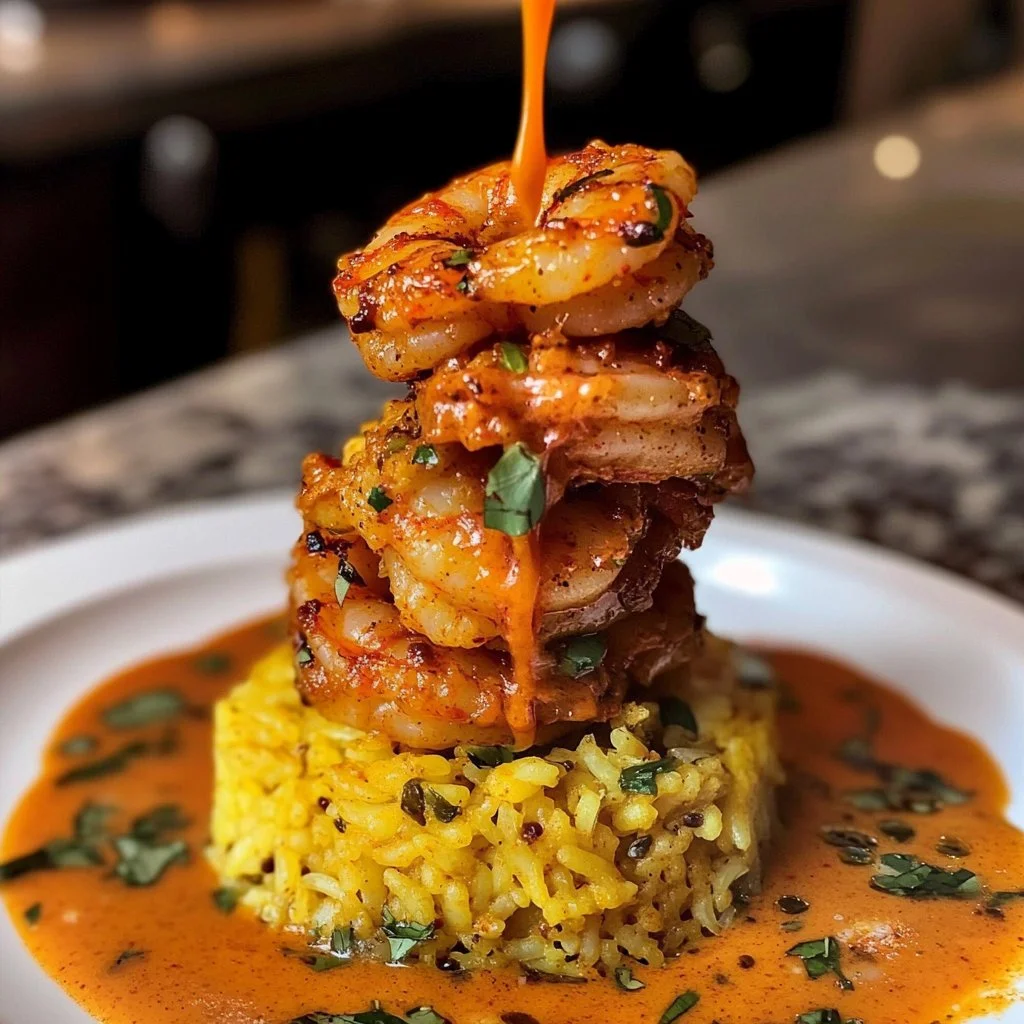 Plate of Bombay Shrimp with spices and vibrant garnishes