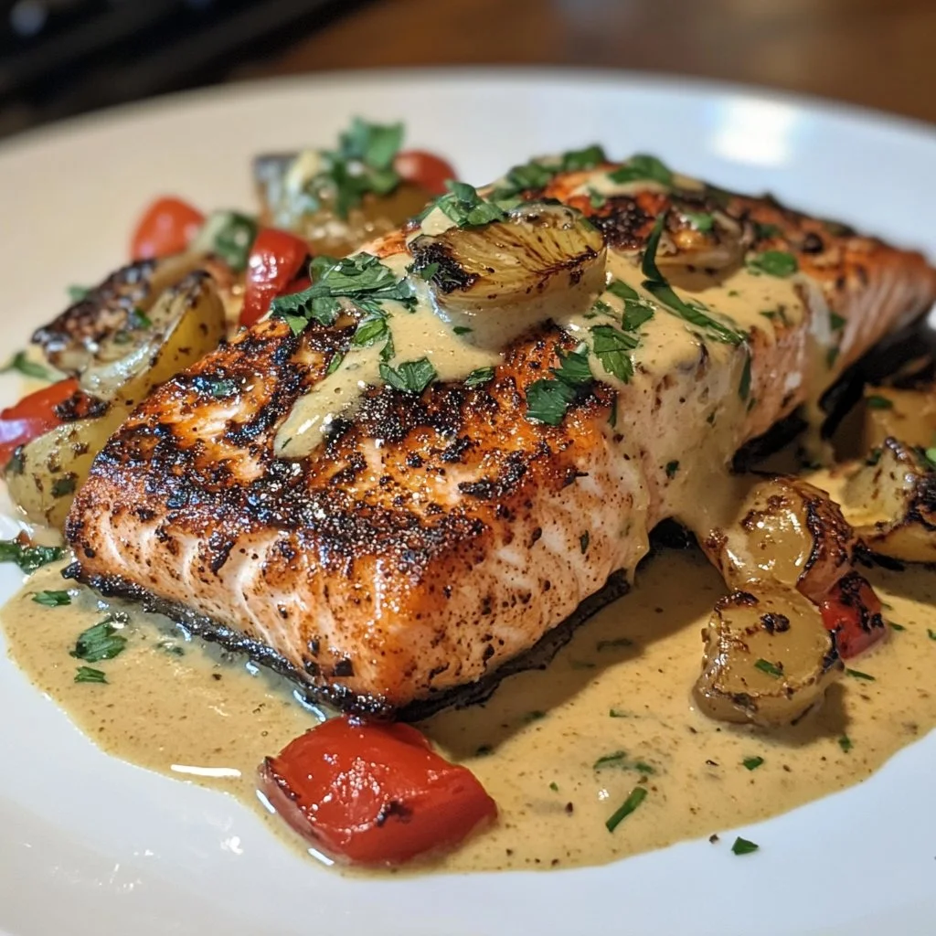 Cajun Blackened Salmon served with Tuscan Cream Sauce on a plate