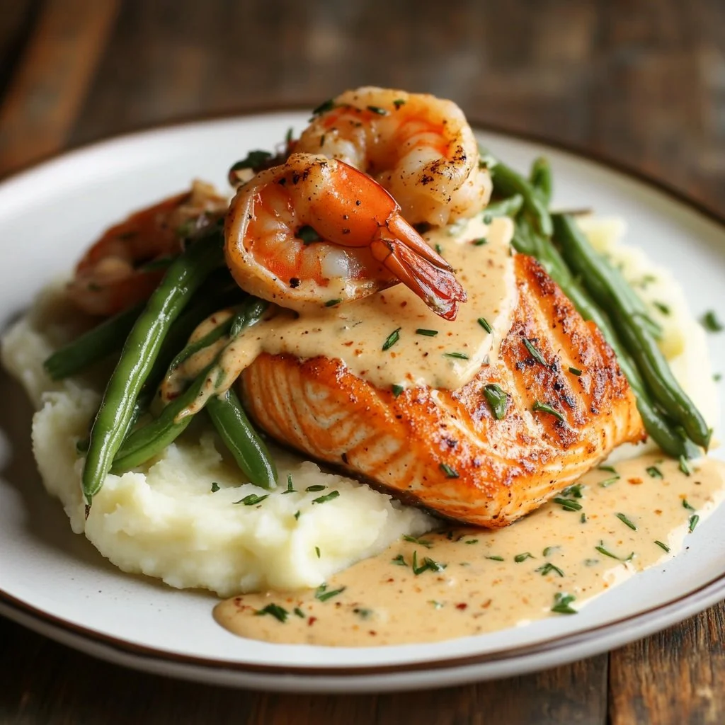Delicious Cajun shrimp with a side of salmon on a plate