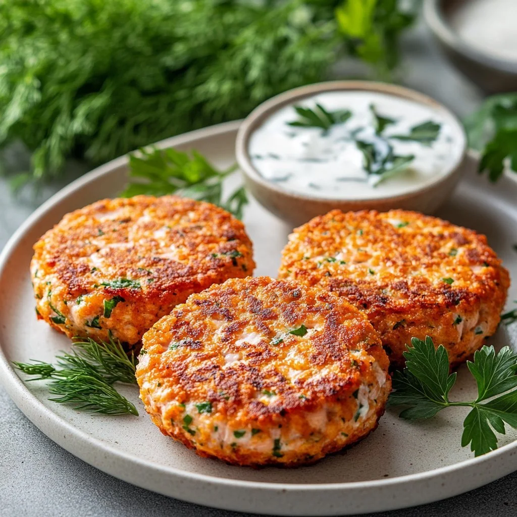 Delicious homemade canned salmon patties served with a side of dipping sauce.