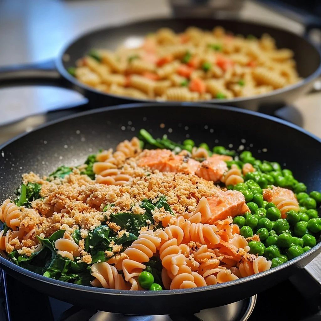Canned salmon served with pasta in a vibrant dish