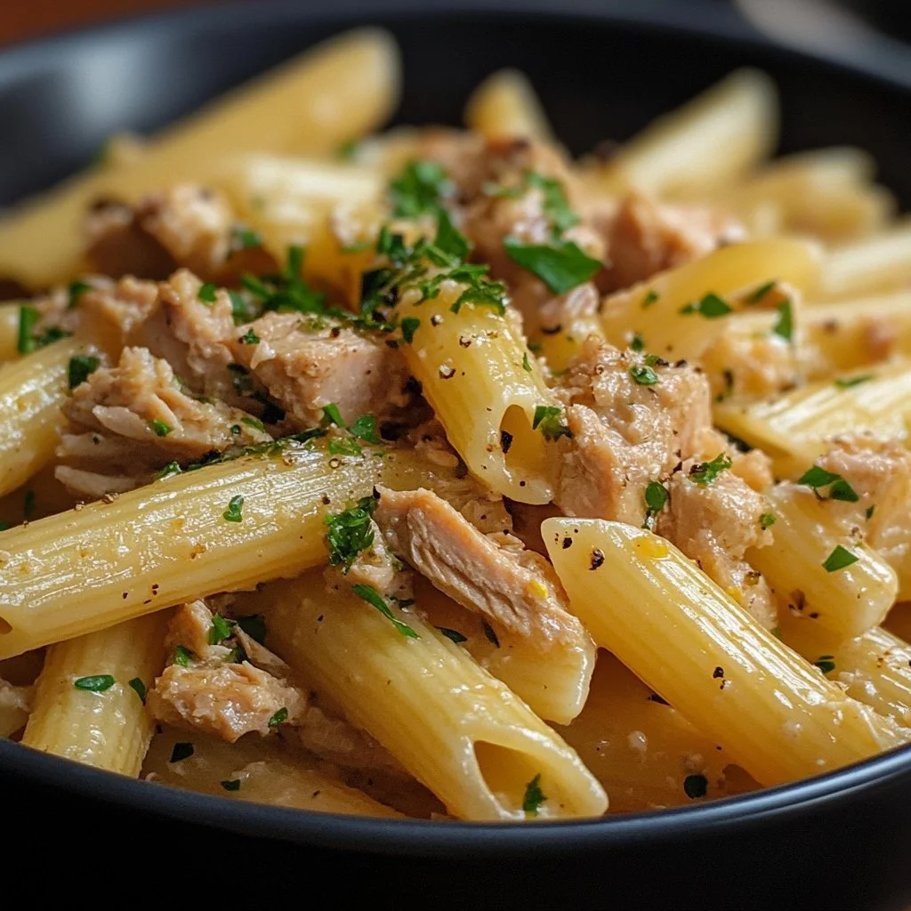 Delicious canned tuna pasta dish garnished with herbs and served in a bowl