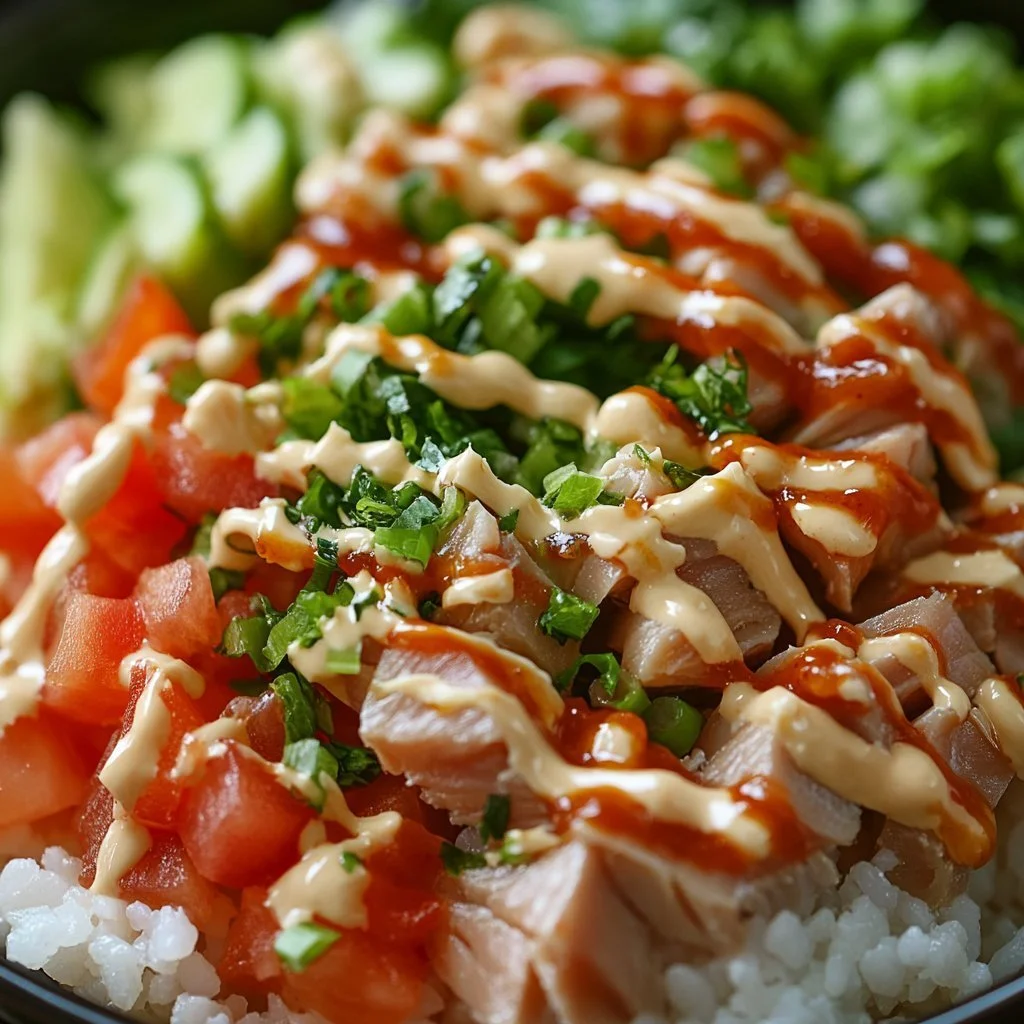 Canned tuna rice bowl topped with fresh vegetables and sauce.