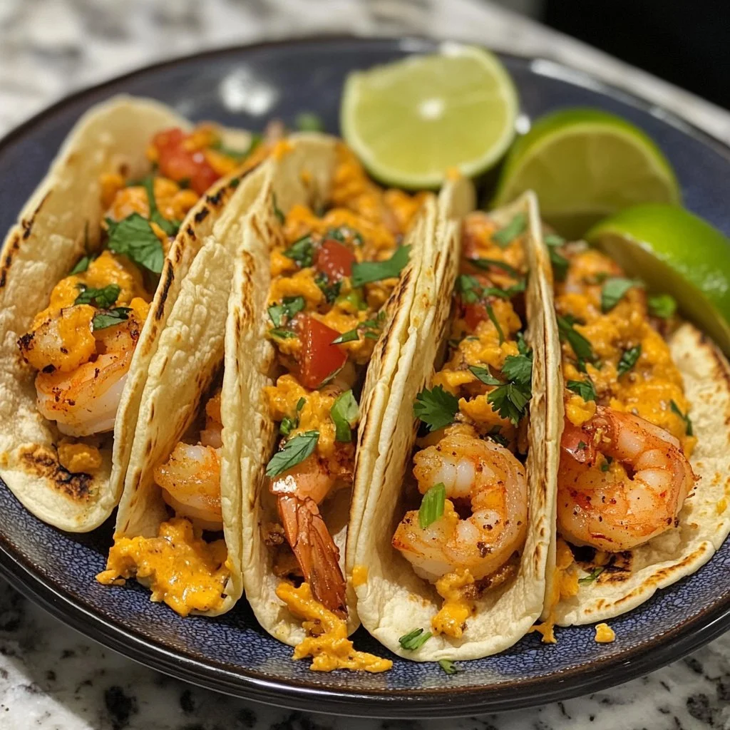 Delicious cheesy shrimp tacos served with fresh toppings and vibrant colors