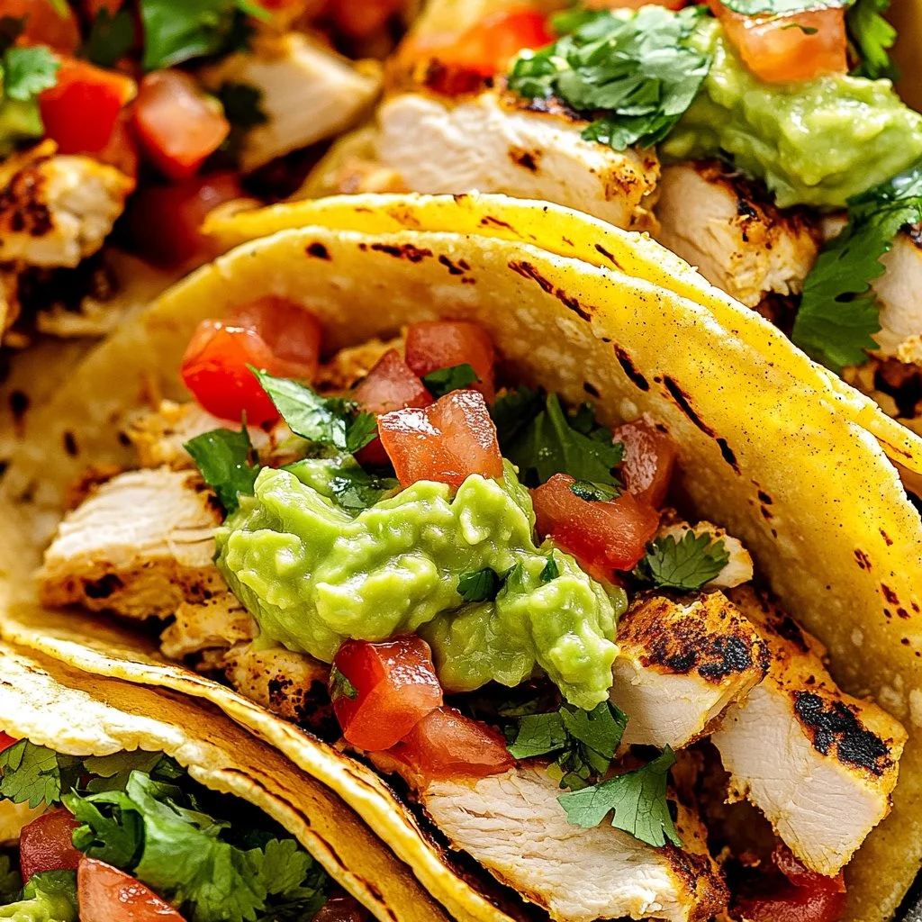 Plate of vibrant Chicken Street Tacos garnished with fresh toppings