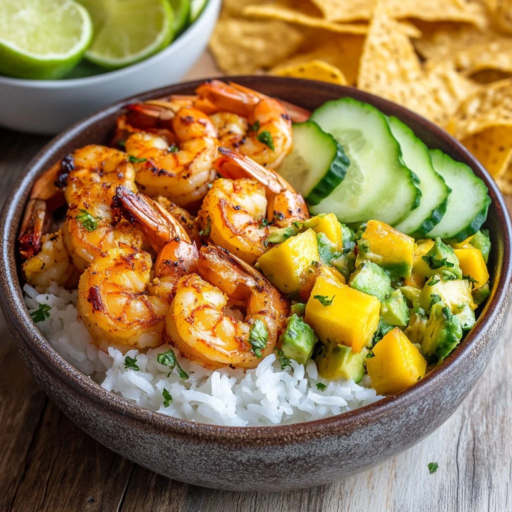 Chili lime shrimp served with mango and avocado salsa on a plate