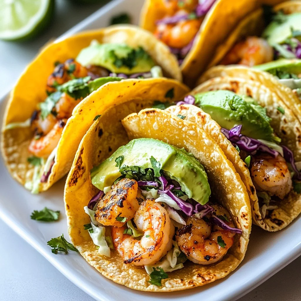 Cilantro lime shrimp tacos on a plate topped with fresh cilantro and lime wedges.