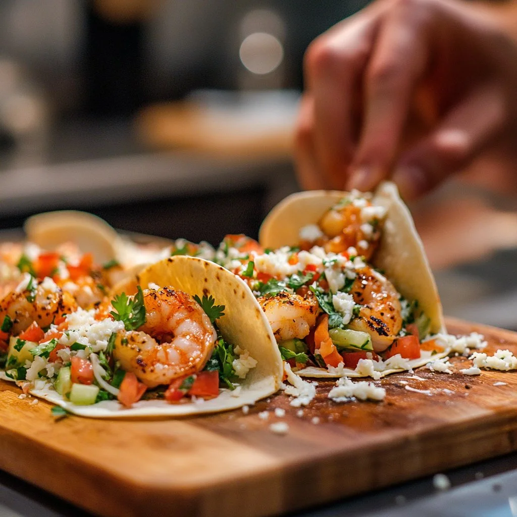 Cilantro lime shrimp tacos garnished with fresh cilantro and lime slices