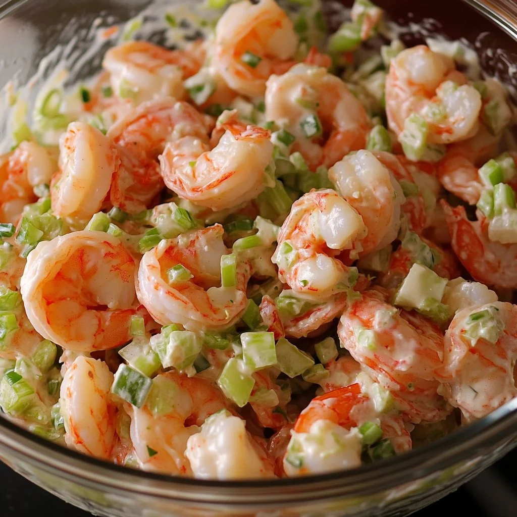 Delicious classic shrimp salad with fresh ingredients and vibrant colors.