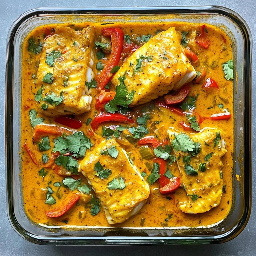 Baked cod in coconut curry sauce served with vegetables