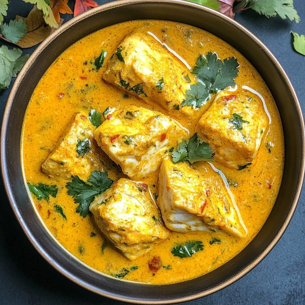 Delicious Coconut Fish Curry served in a bowl with fresh herbs