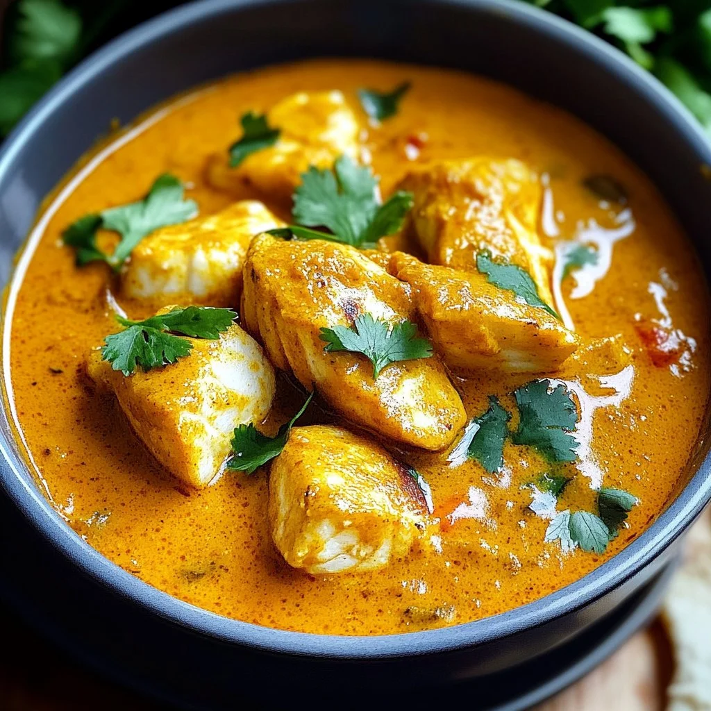 Delicious Coconut Fish Curry served in a bowl, garnished with fresh herbs.