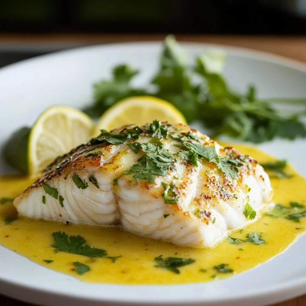 Delicious Coconut Lemongrass Fish garnished with herbs and lime