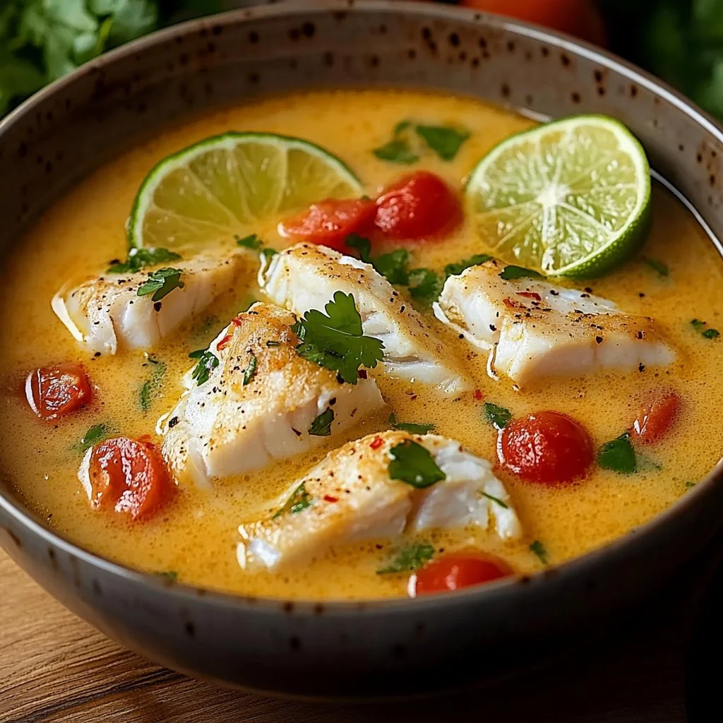 Bowl of Coconut Lime Fish Soup garnished with lime and herbs.