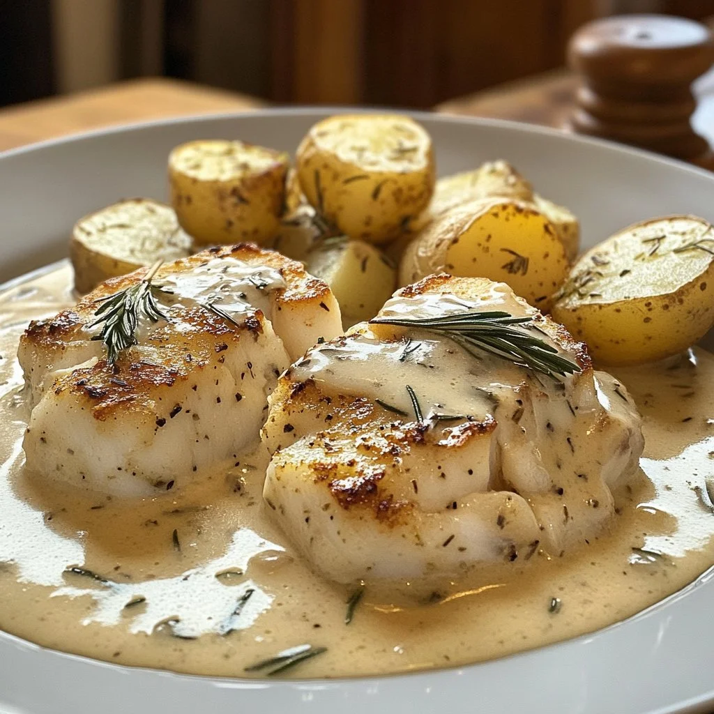 Cod and potatoes in a rich rosemary cream sauce served on a plate.