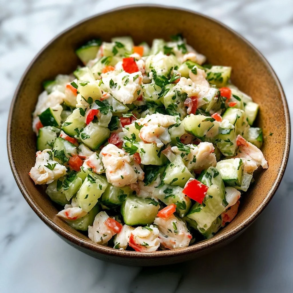 Delicious crab and cucumber salad garnished with herbs and lemon.