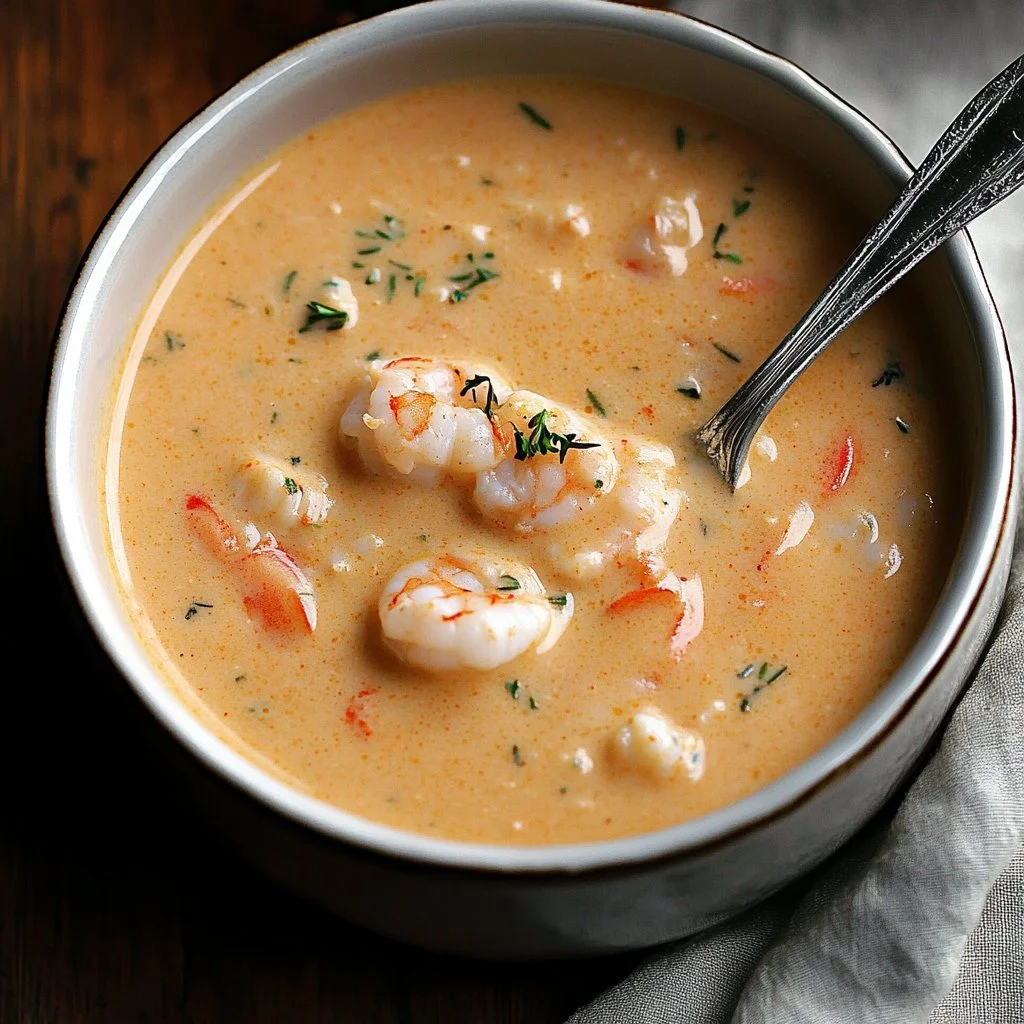 Delicious crab and shrimp seafood bisque in a bowl garnished with herbs