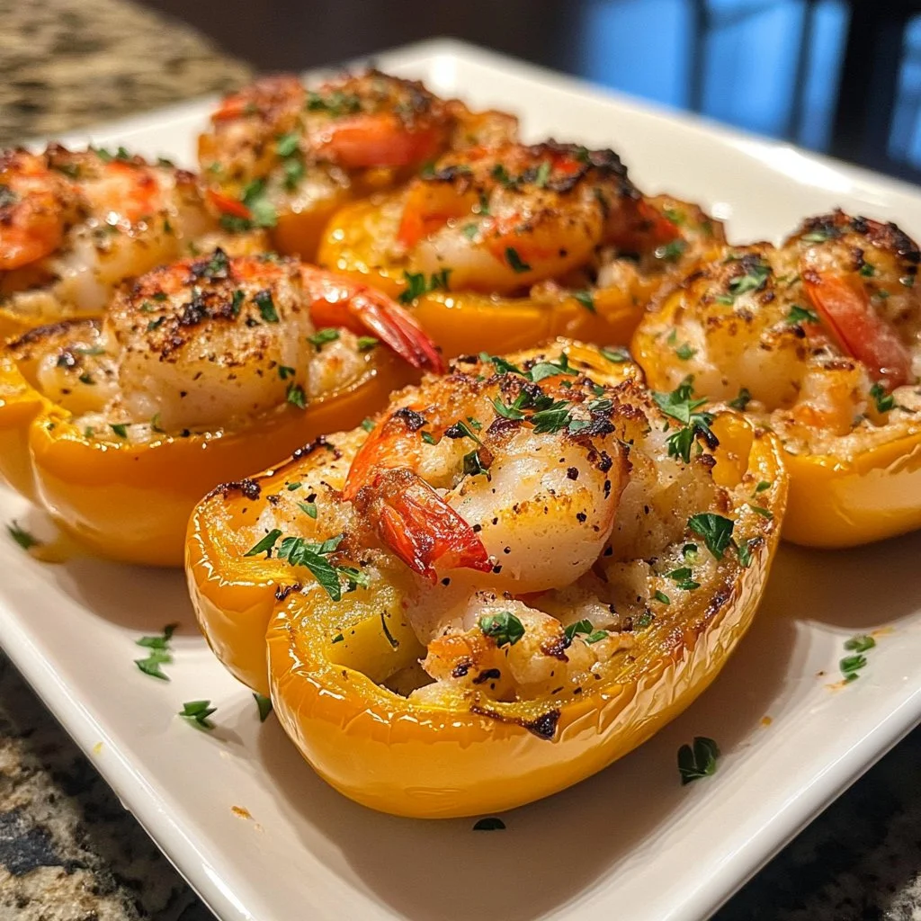 Crab and shrimp stuffed bell peppers garnished and ready to serve