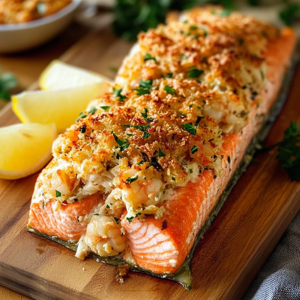 Crab and shrimp stuffed salmon fillet garnished with herbs