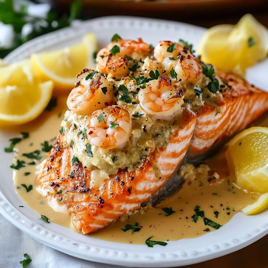 Crab and shrimp stuffed salmon served on a plate with fresh herbs.