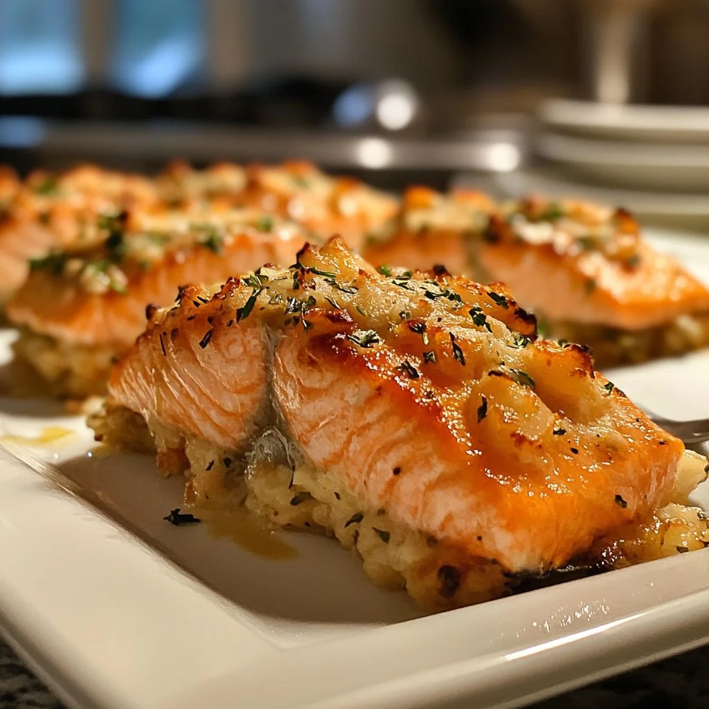 Crab and shrimp stuffed salmon on a plate, garnished with herbs.