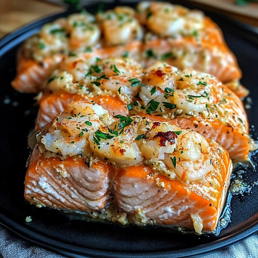 Crab and shrimp stuffed salmon fillets garnished and ready to serve