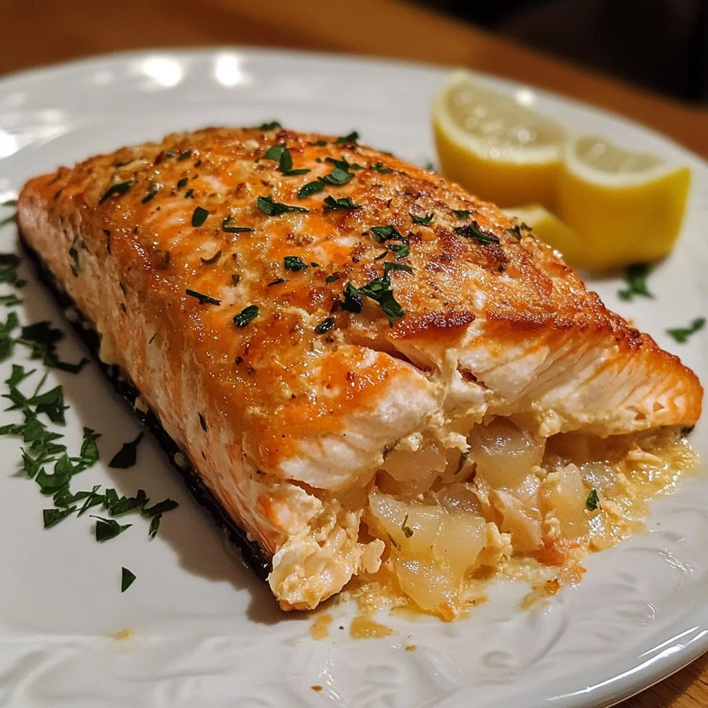 Crab and shrimp stuffed salmon fillet garnished with herbs on a plate