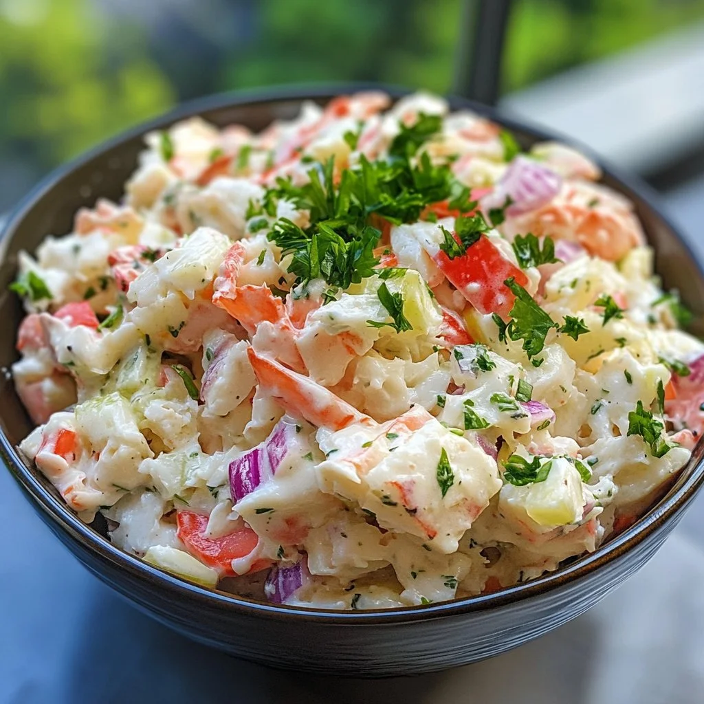 Delicious crab salad served in a bowl with fresh ingredients and herbs
