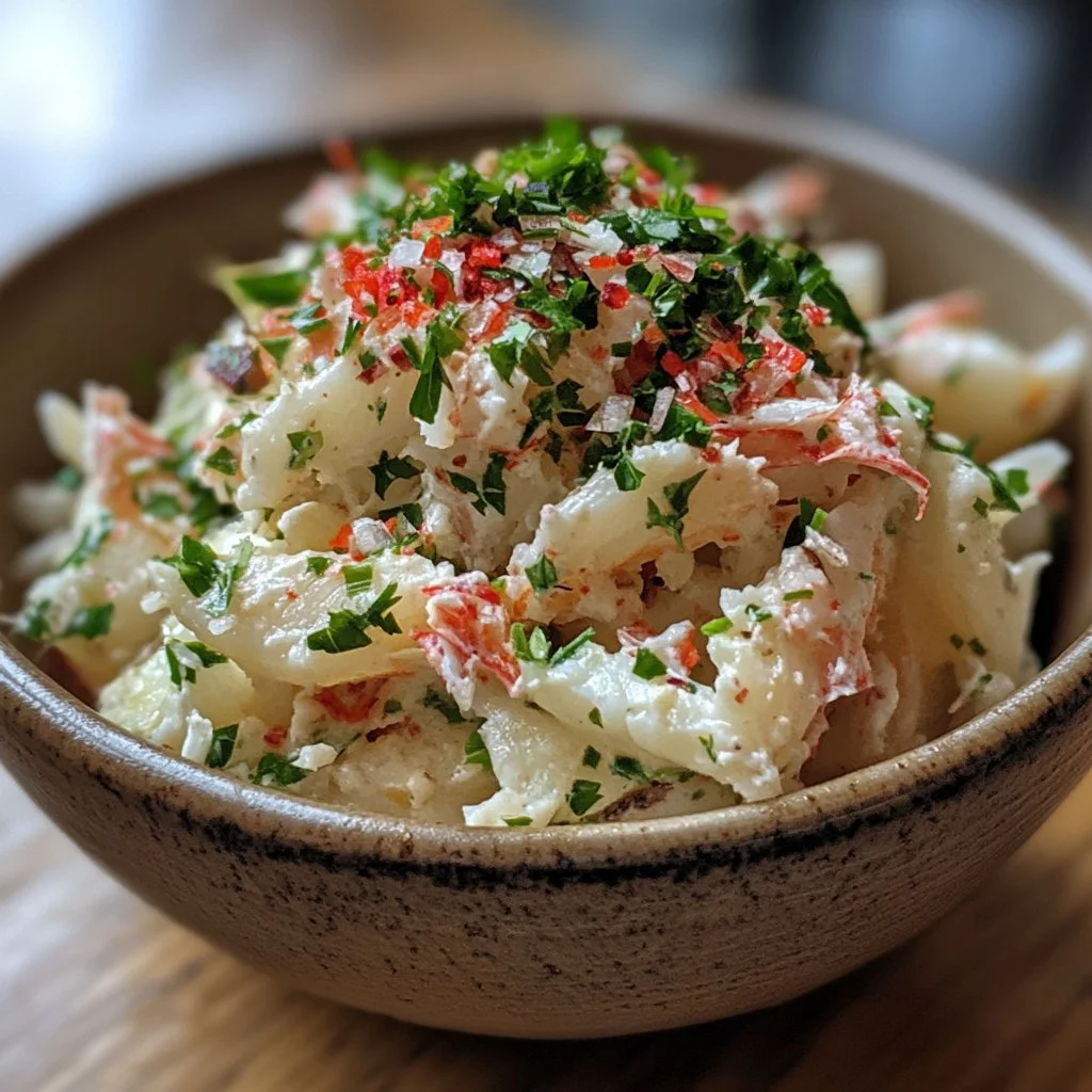 Fresh crab salad in a bowl with vegetables and a lemon wedge