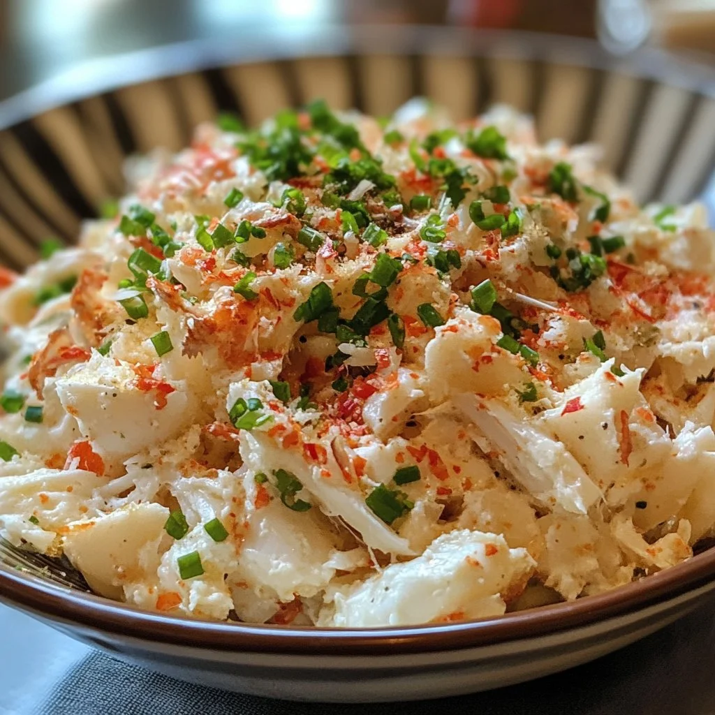Delicious crab salad garnished with fresh herbs and vegetables.