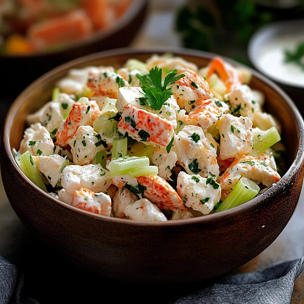 Fresh crab seafood salad with vegetables and dressing served in a bowl