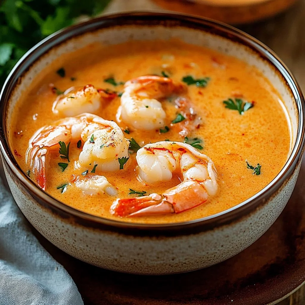 Delicious crab and shrimp seafood bisque in a bowl garnished with herbs