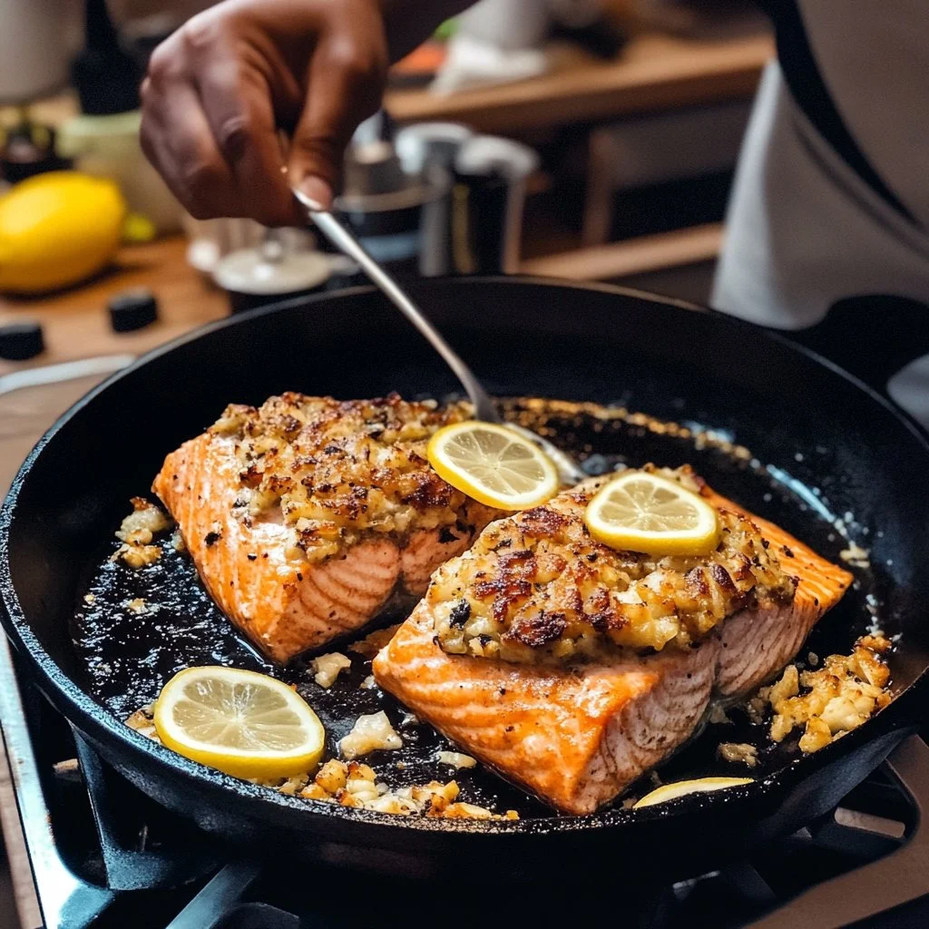 Delicious crab stuffed salmon served on a plate with a lemon garnish